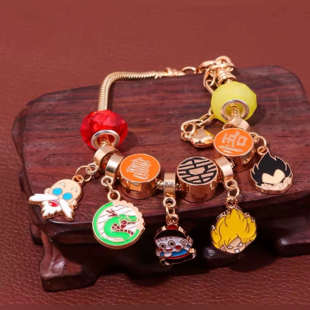 Gold Plated Dragon Ball Z Themed Charm Bracelet Adjustable Sizing Unisex Design